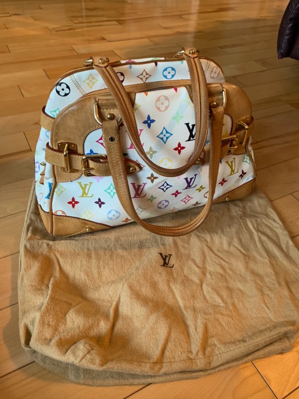 Louis Vuitton White Multicolor Monogram Satchel with Tan Trim